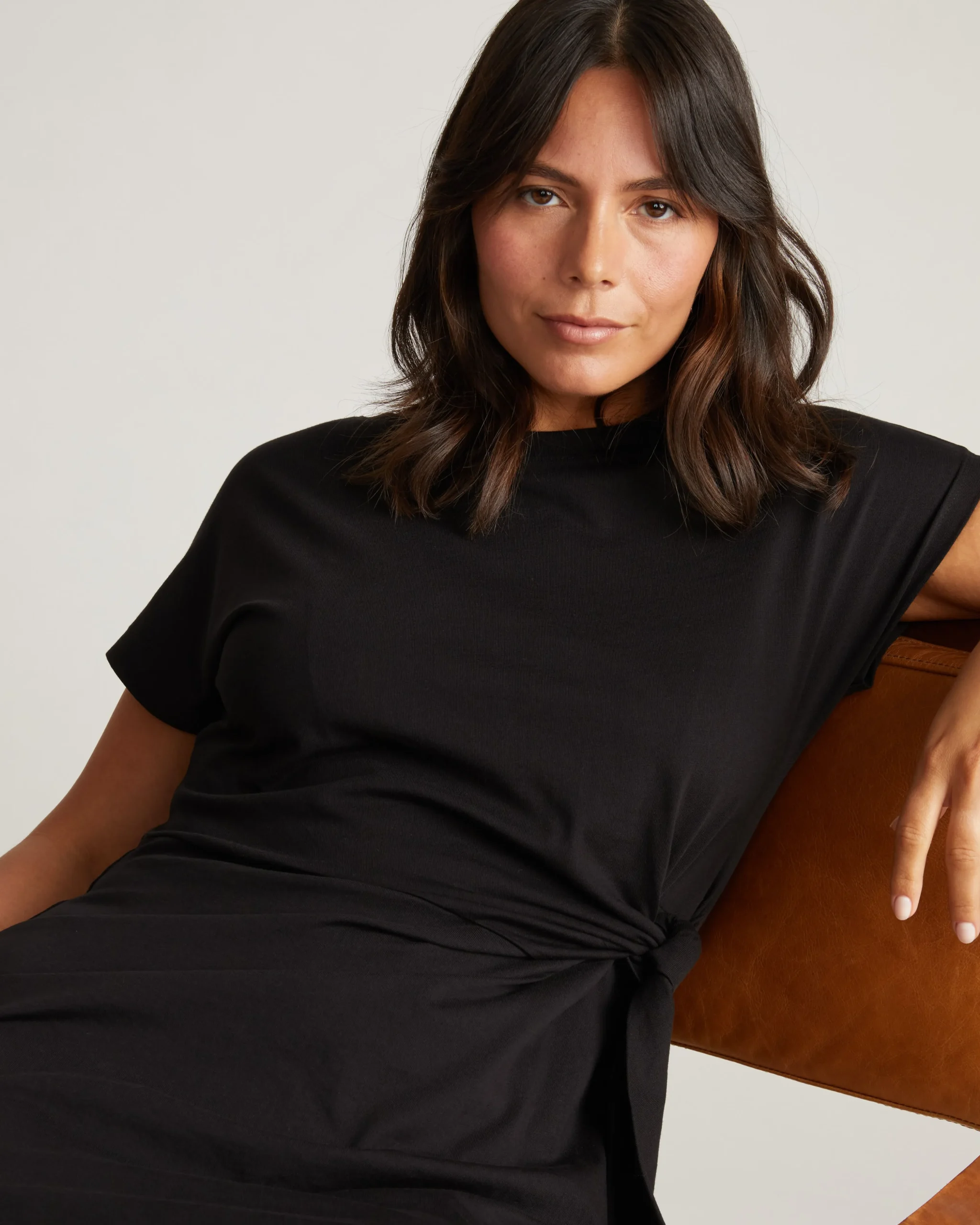 Crescent Breton Stripe Knot Dress Solid Black