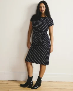 Crescent Breton Stripe Knot Dress Navy Pinstripe