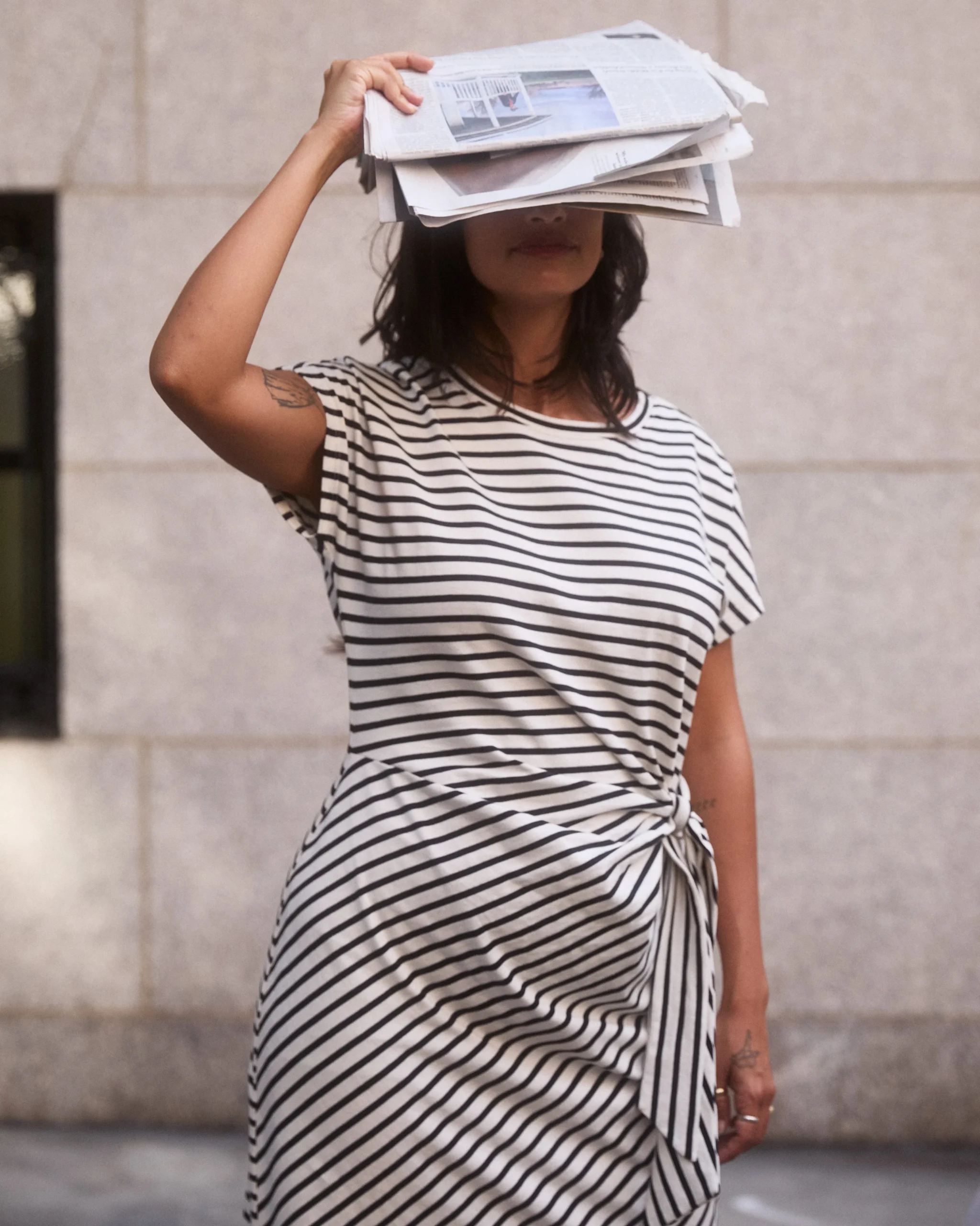 Crescent Breton Stripe Knot Dress Ecru/Black Stripe
