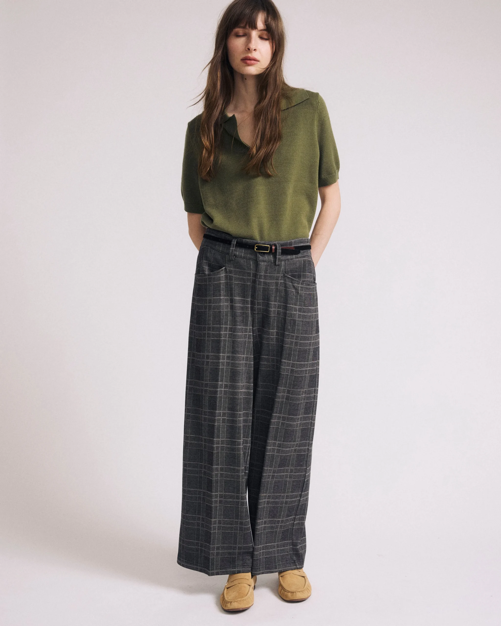 Cropped Wide Leg Ponte Pants British Plaid