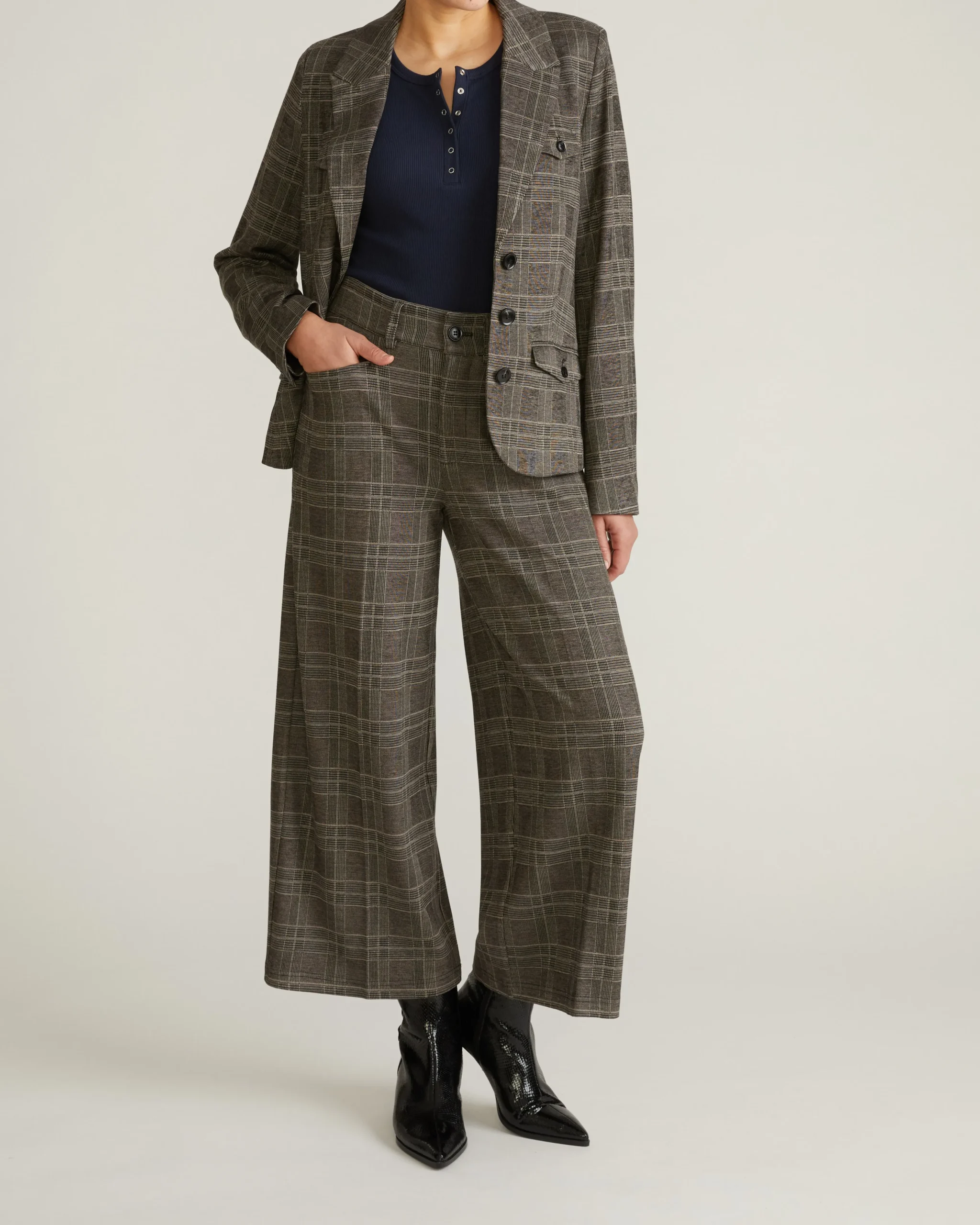 Cropped Wide Leg Ponte Pants British Plaid