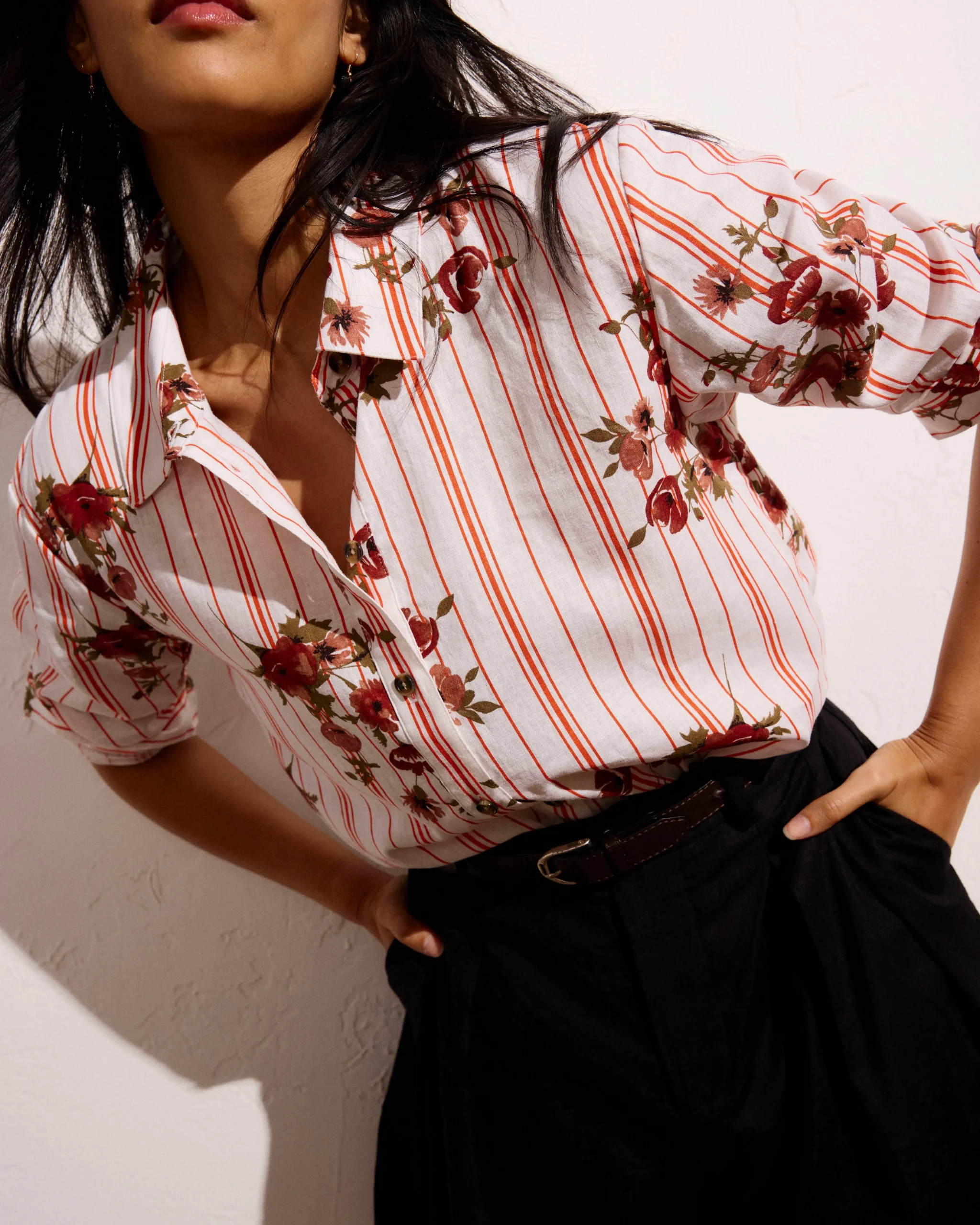 Dawn Linen Blend Hi Low Tunic Wild Flower Bouquet Print on Stripes