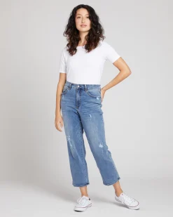 Donna High Rise Curve Straight Leg Jeans 27 Inch Distressed Indigo