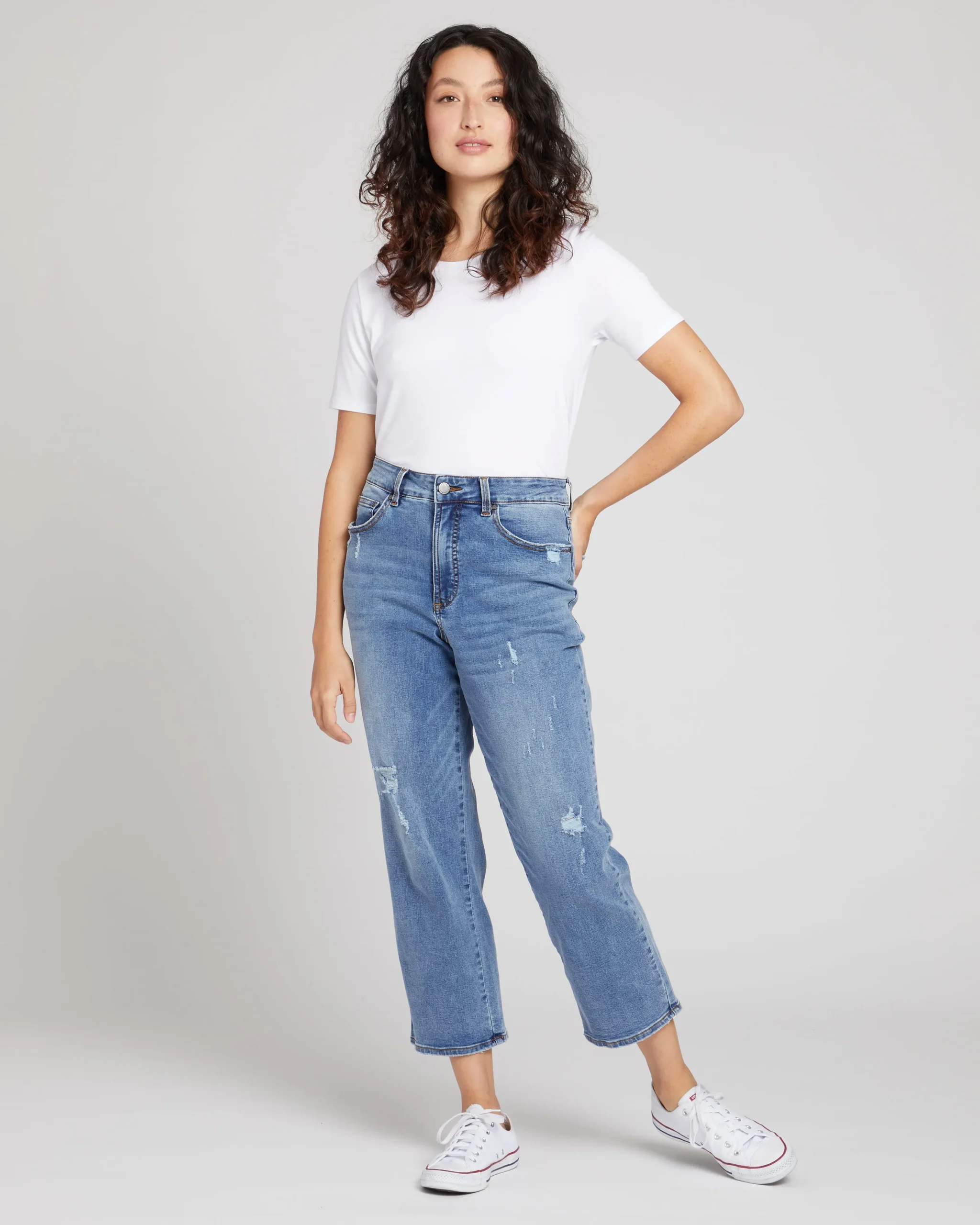 Donna High Rise Curve Straight Leg Jeans 27 Inch Distressed Indigo