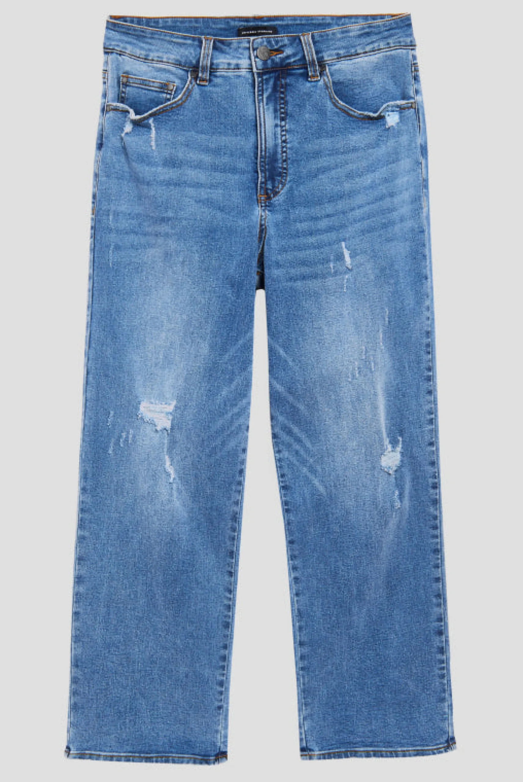 Donna High Rise Curve Straight Leg Jeans 32 Inch Distressed Indigo
