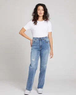 Donna High Rise Curve Straight Leg Jeans 32 Inch Distressed Indigo