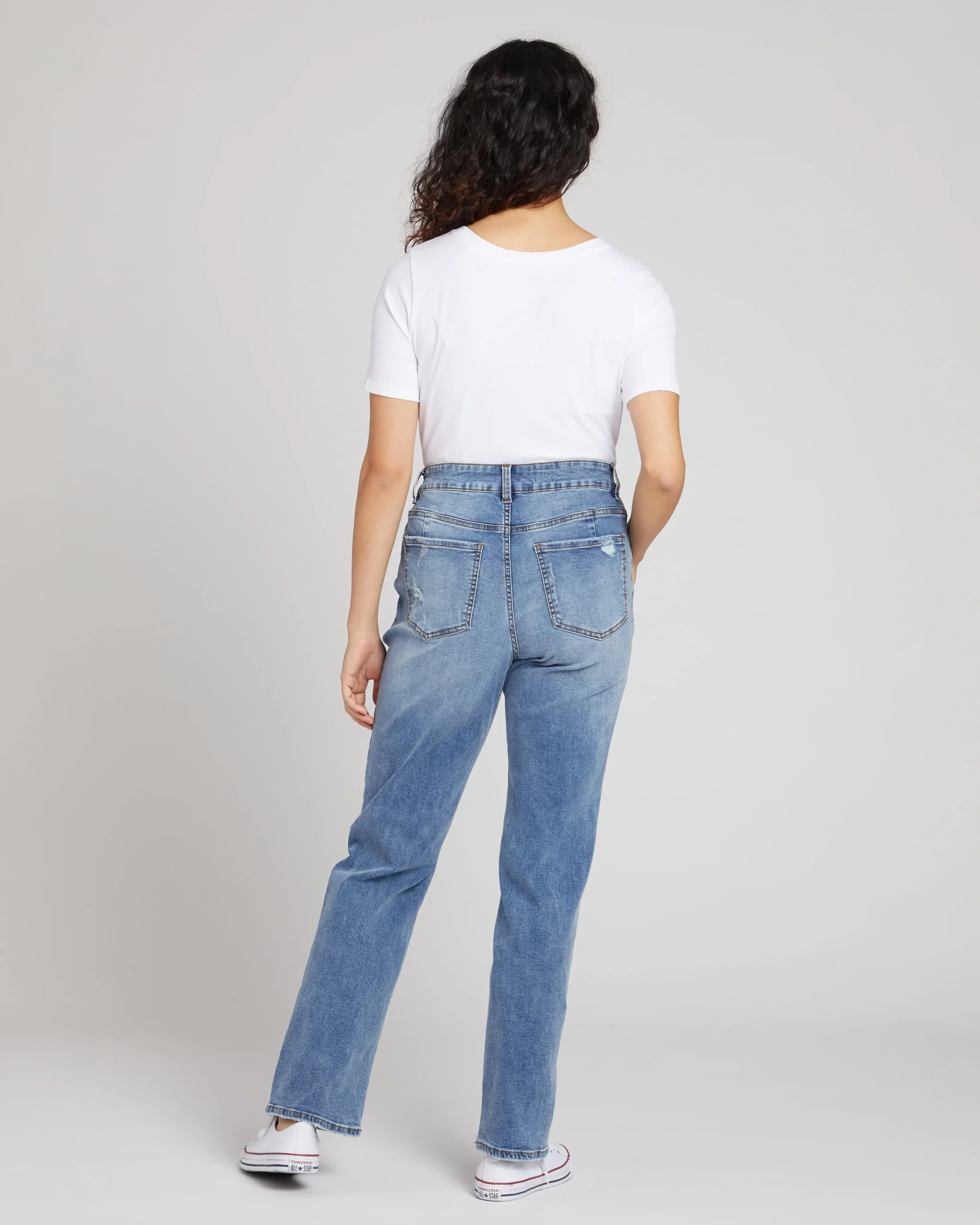 Donna High Rise Curve Straight Leg Jeans 32 Inch Distressed Indigo