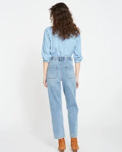 Elastic Waist Weekend Jeans Distressed Washed Indigo