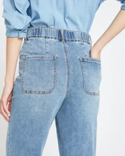 Elastic Waist Weekend Jeans Distressed Washed Indigo
