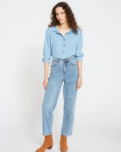 Elastic Waist Weekend Jeans Distressed Washed Indigo