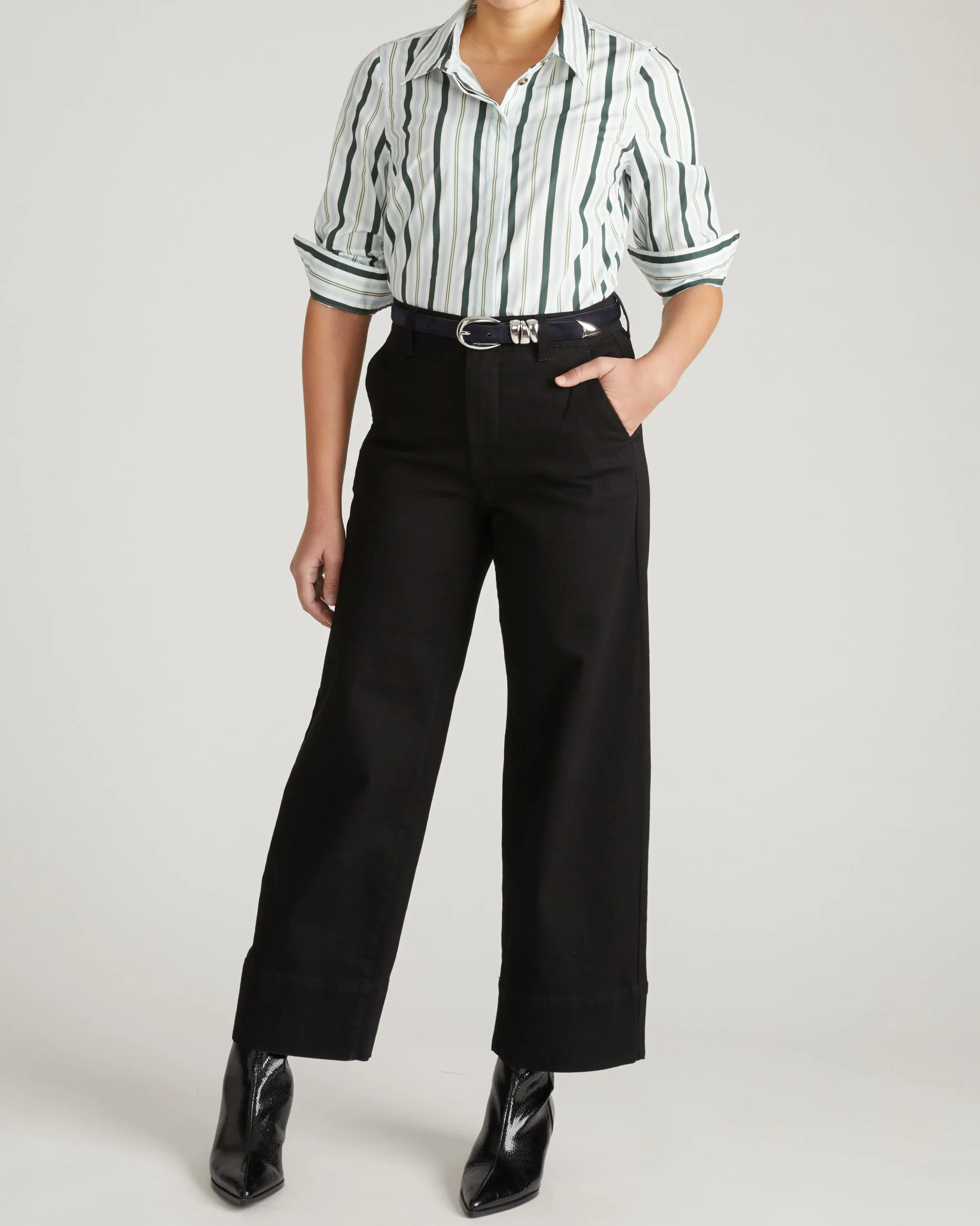 Elbe Stretch Poplin Shirt Classic Fit Forest Green Multi Stripe