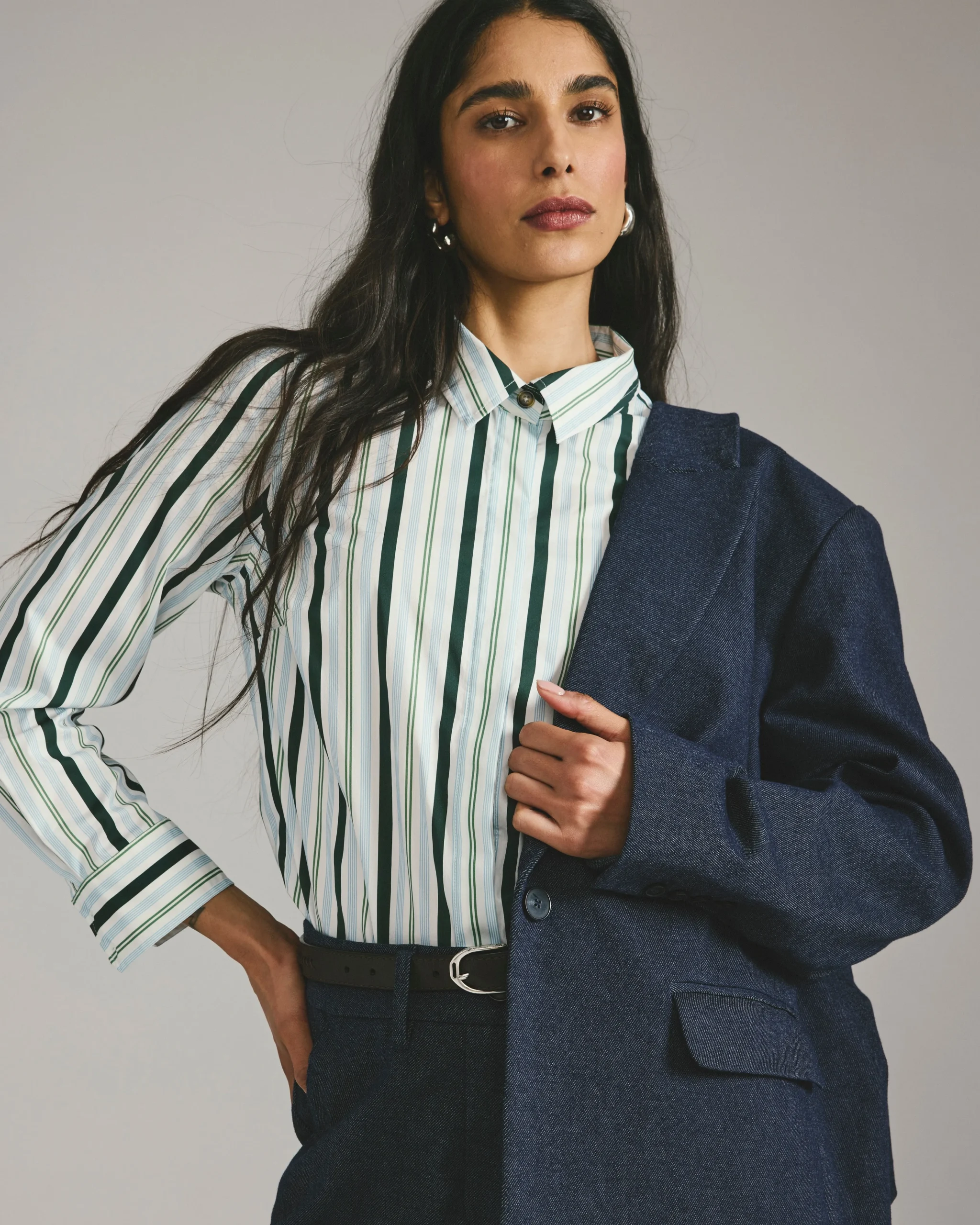 Elbe Stretch Poplin Shirt Classic Fit Forest Green Multi Stripe