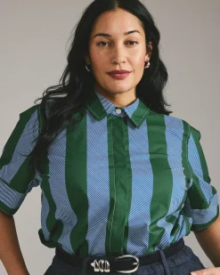 Elbe Stretch Poplin Short Sleeve Shirt Green/Blue Directional Stripe
