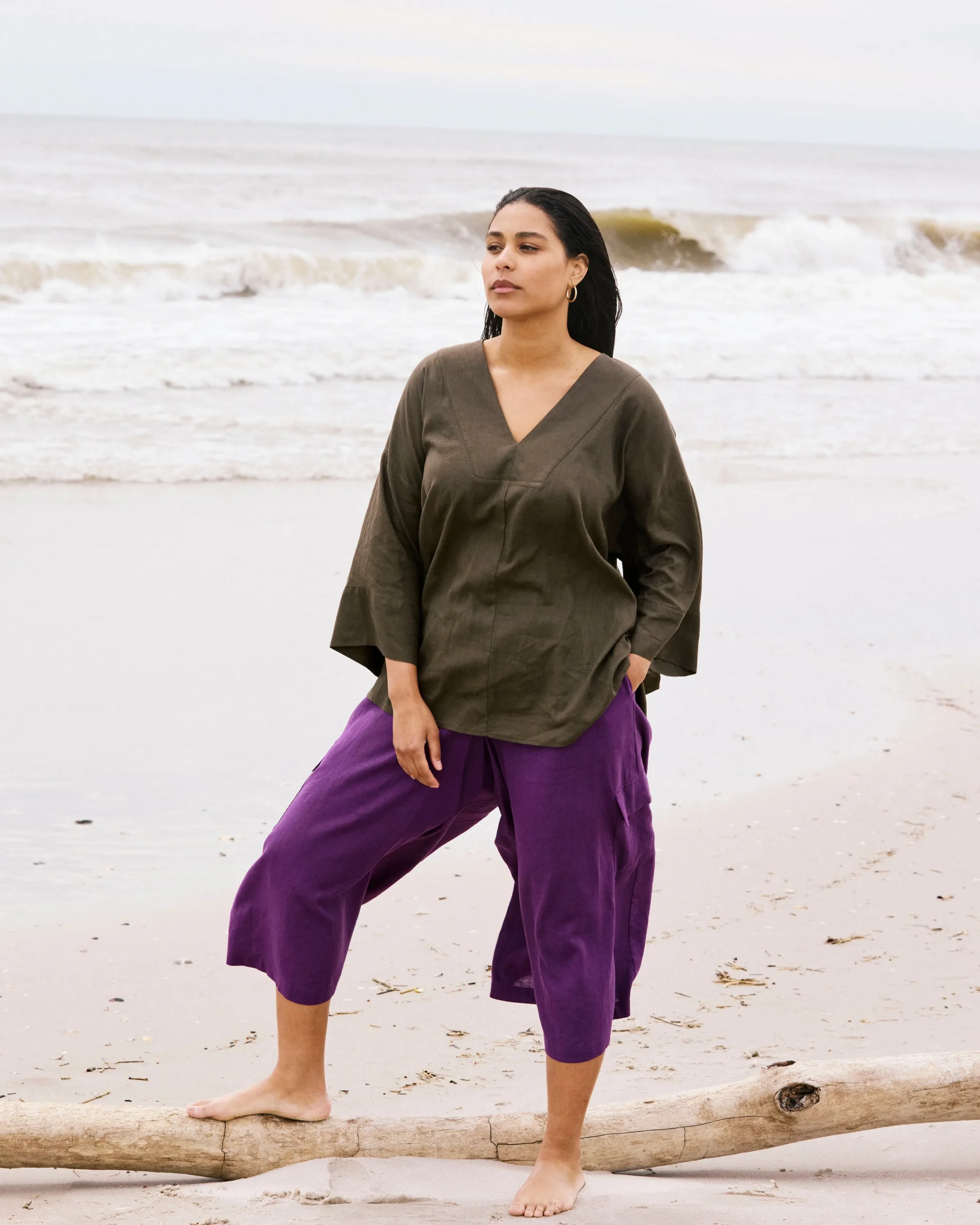 Elio V-Neck Linen Blend Top Camo