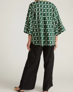 Elio V-Neck Linen Blend Top Green Trellis Print