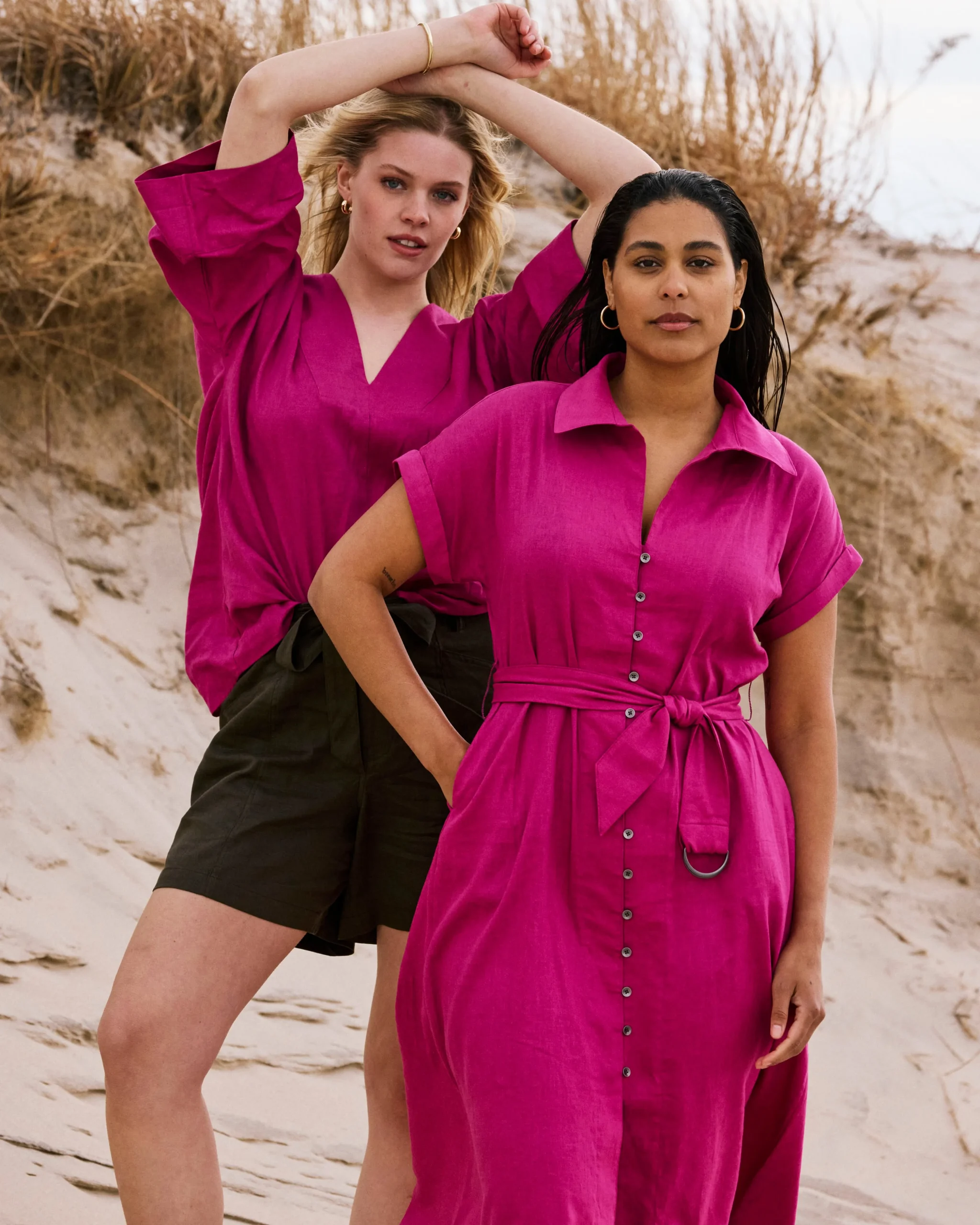 Elio V-Neck Linen Blend Top Hyper Pink
