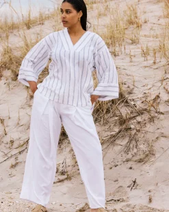 Elio V-Neck Linen Blend Top Mayfair Stripe