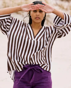Elio V-Neck Linen Blend Top Peppercorn Stripe