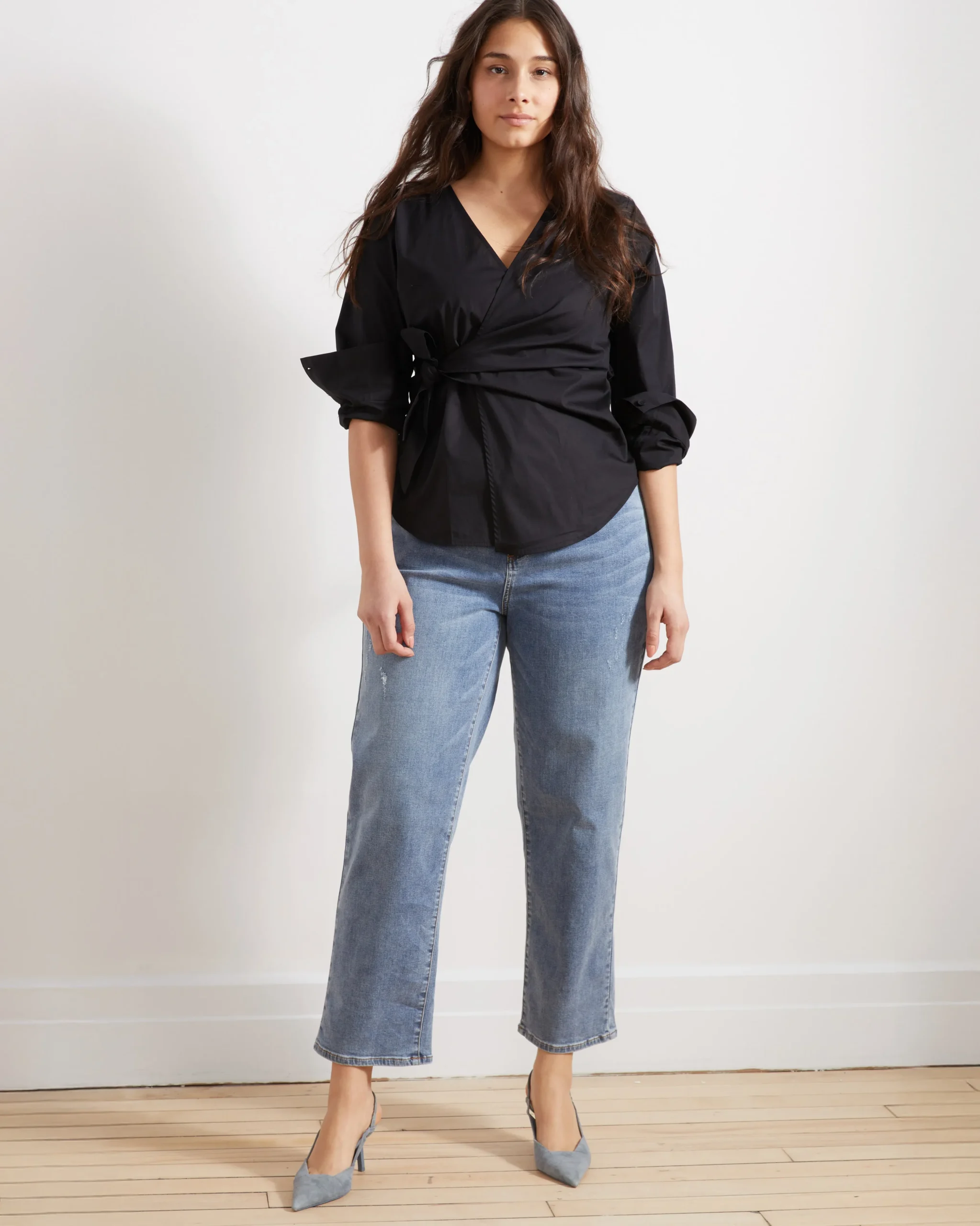 Ella High Rise Straight Leg Jeans Distressed Washed Indigo