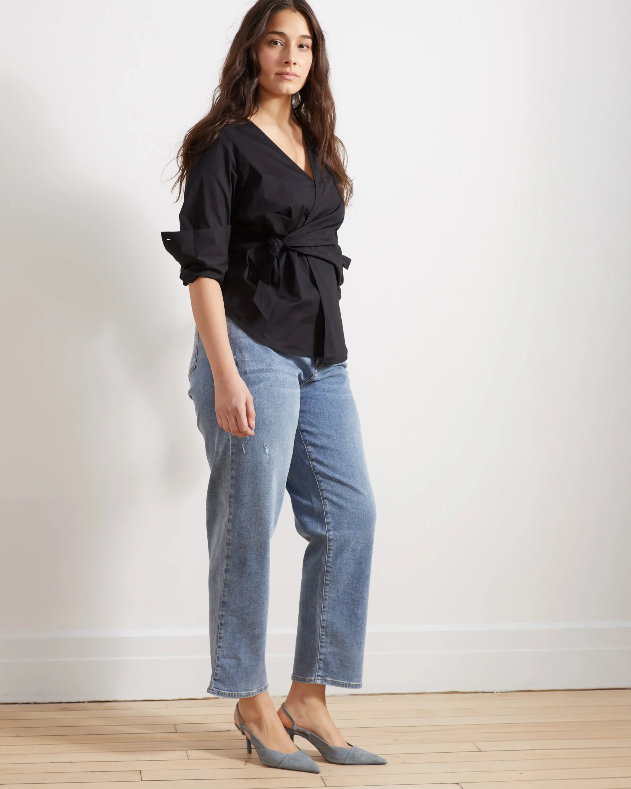 Ella High Rise Straight Leg Jeans Distressed Washed Indigo