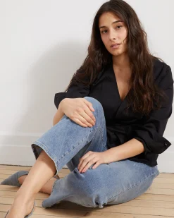 Ella High Rise Straight Leg Jeans Distressed Washed Indigo