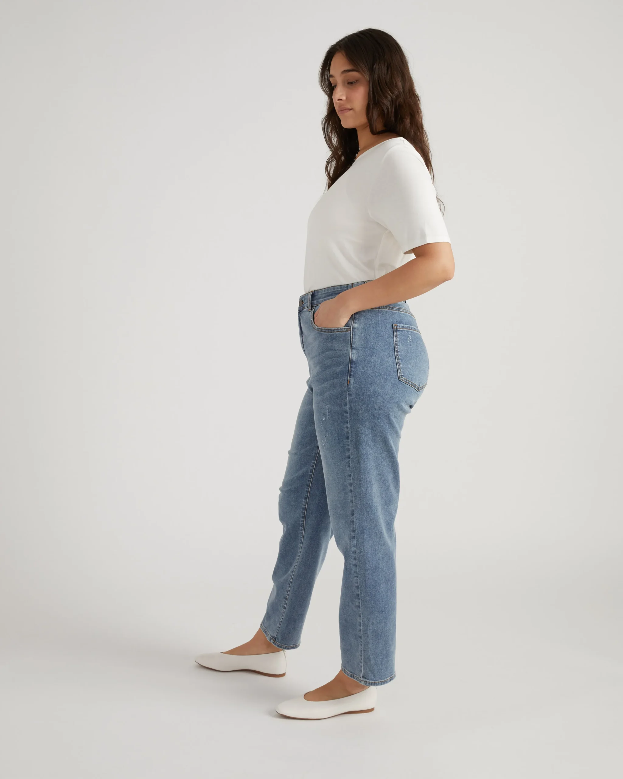 Ella High Rise Straight Leg Jeans Distressed Washed Indigo