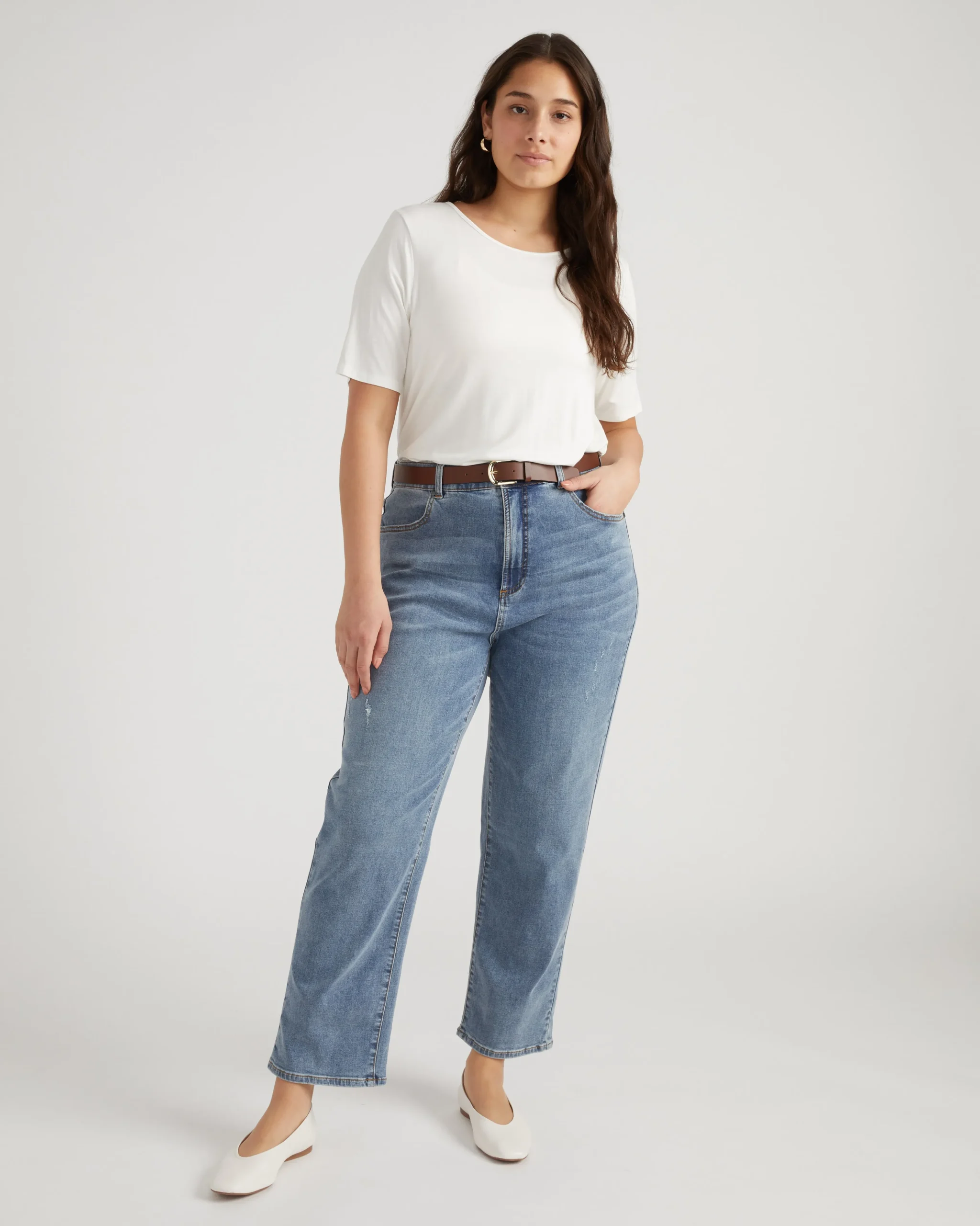 Ella High Rise Straight Leg Jeans Distressed Washed Indigo