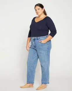 Etta High Rise Straight Leg Jeans 28 Inch Distressed Washed Indigo