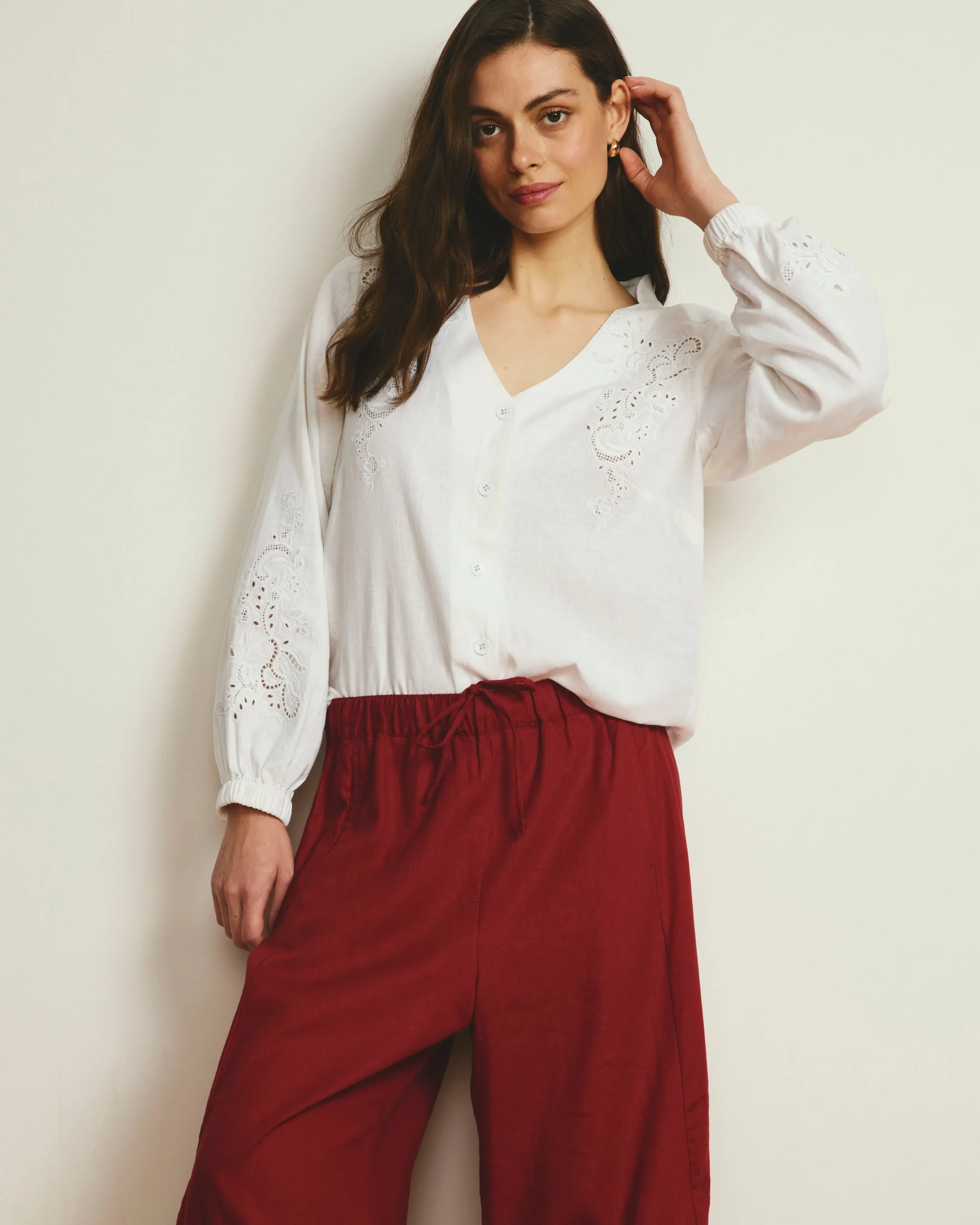 Frances Embroidered Linen Blend Blouse White