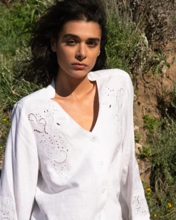 Frances Embroidered Linen Blend Blouse White