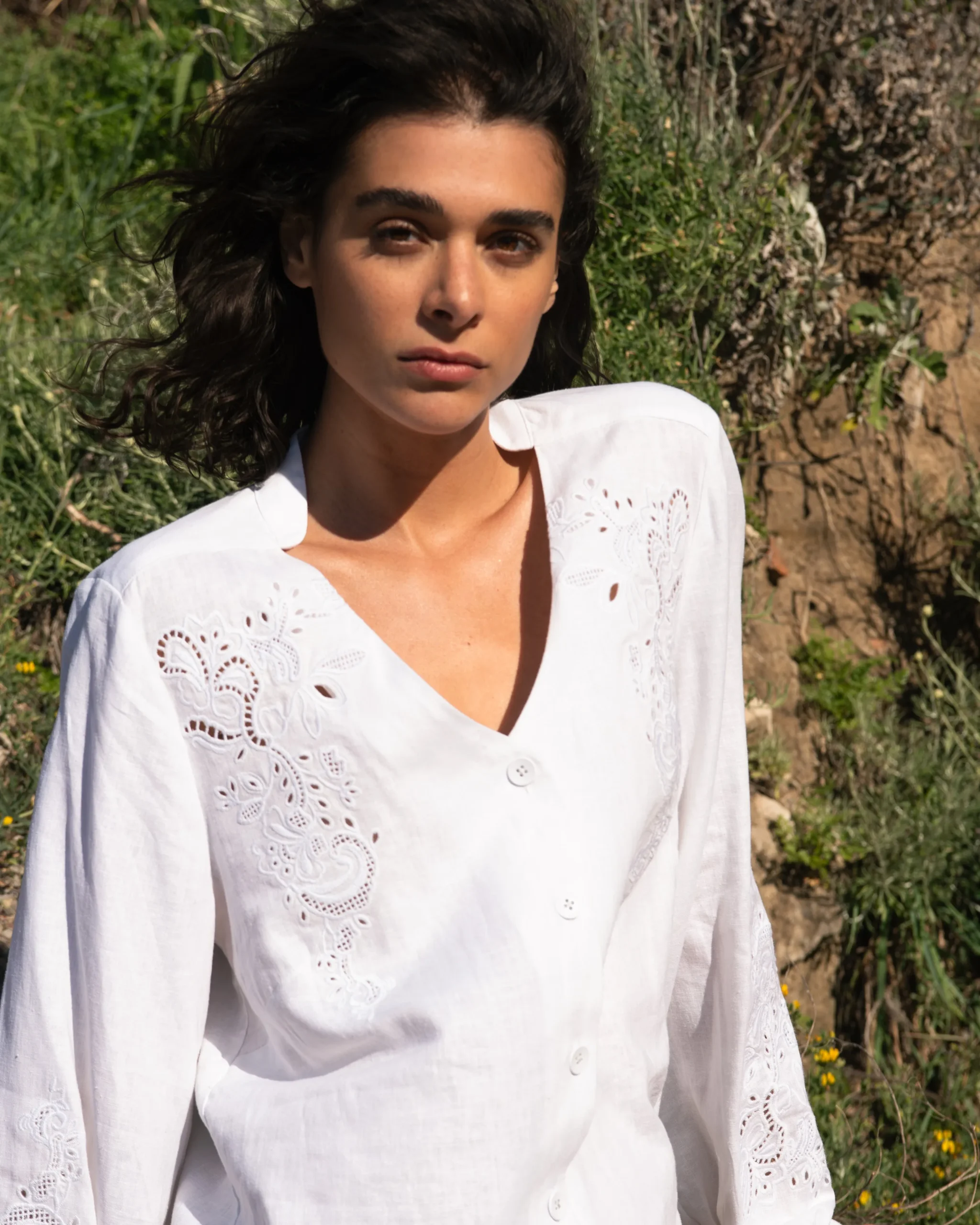 Frances Embroidered Linen Blend Blouse White