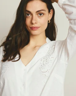 Frances Embroidered Linen Blend Blouse White