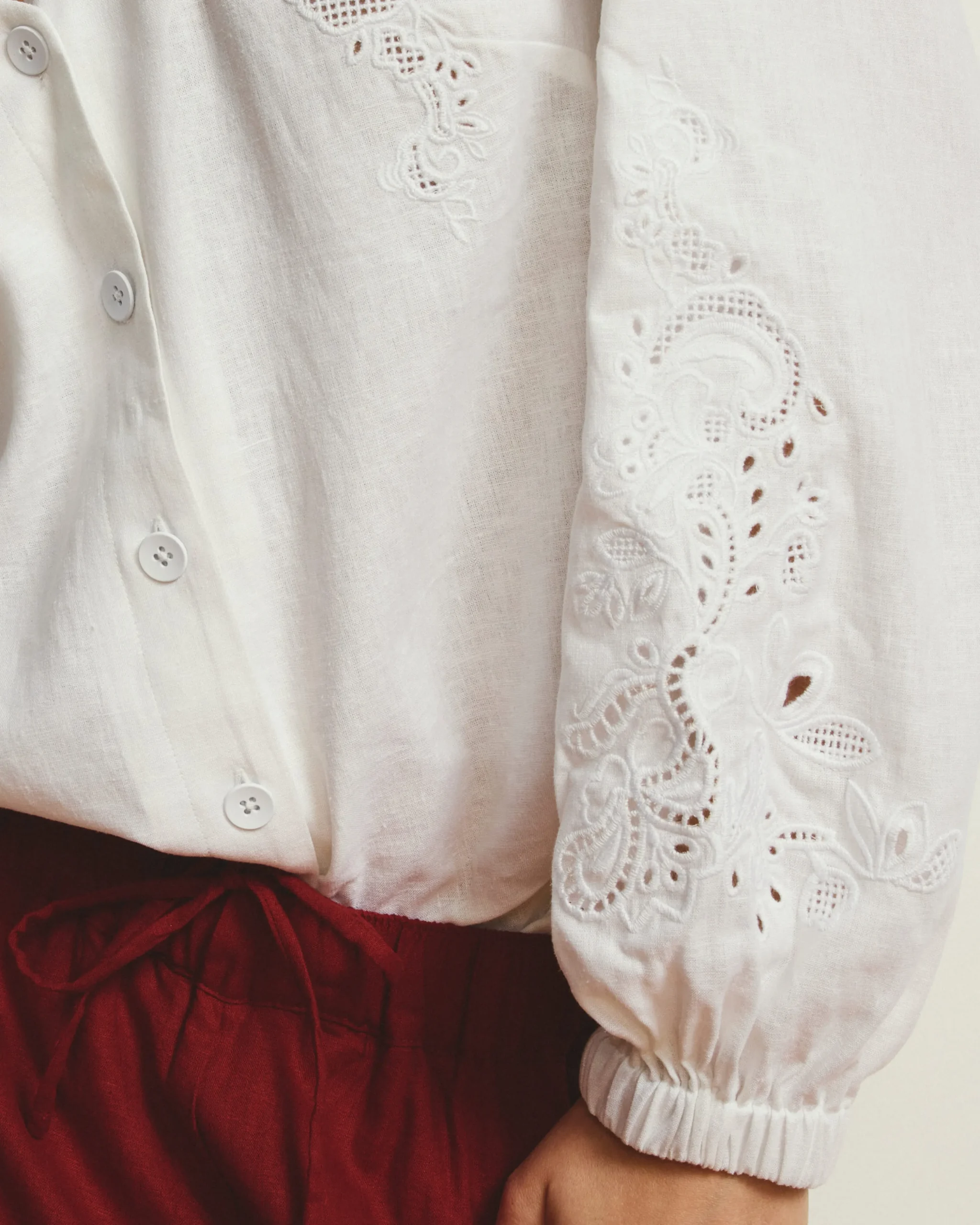 Frances Embroidered Linen Blend Blouse White