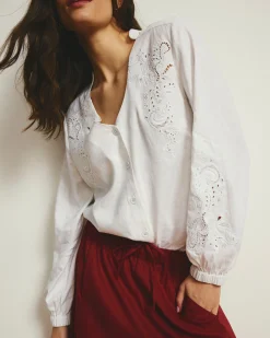 Frances Embroidered Linen Blend Blouse White