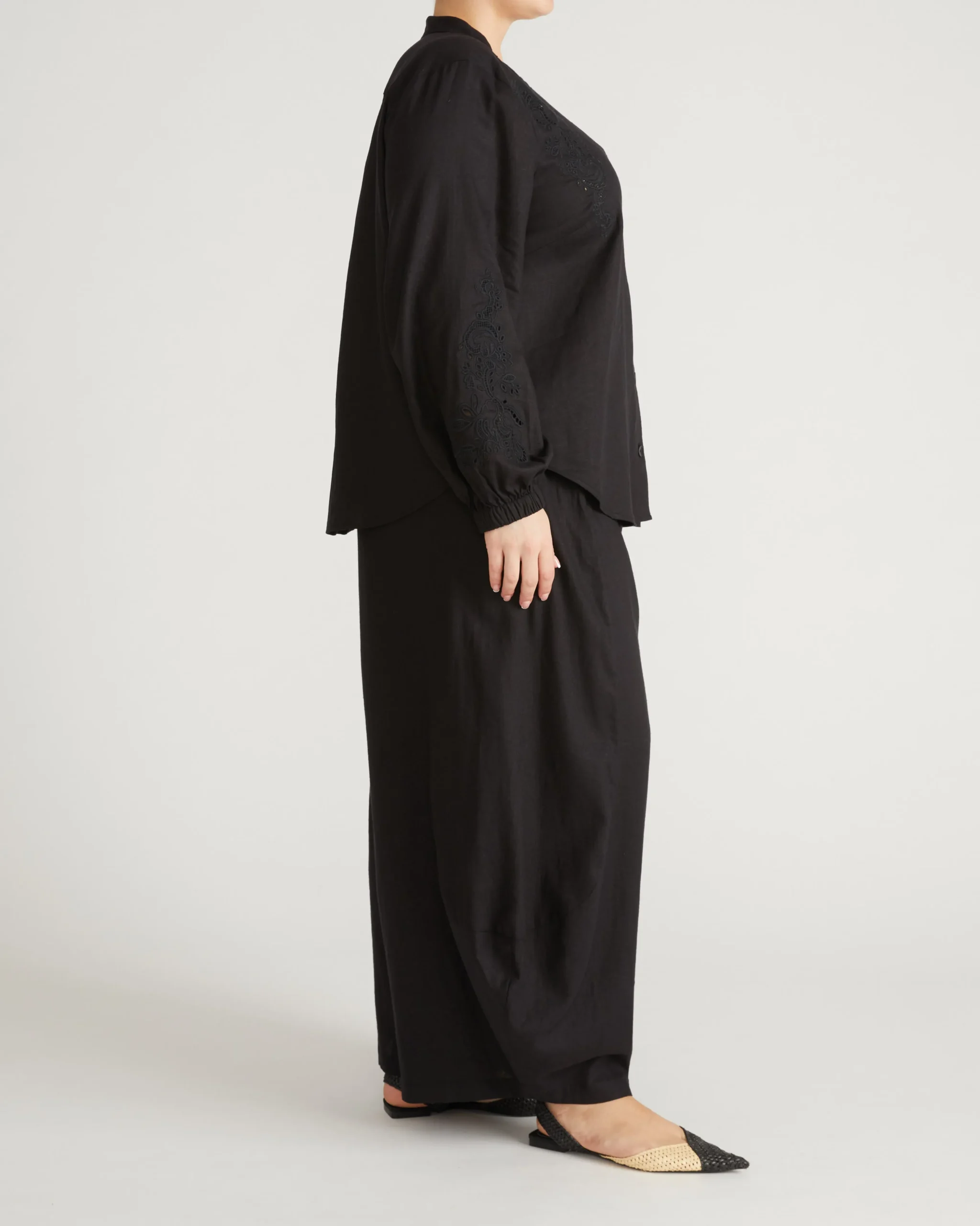 Frances Embroidered Linen Blend Blouse Black