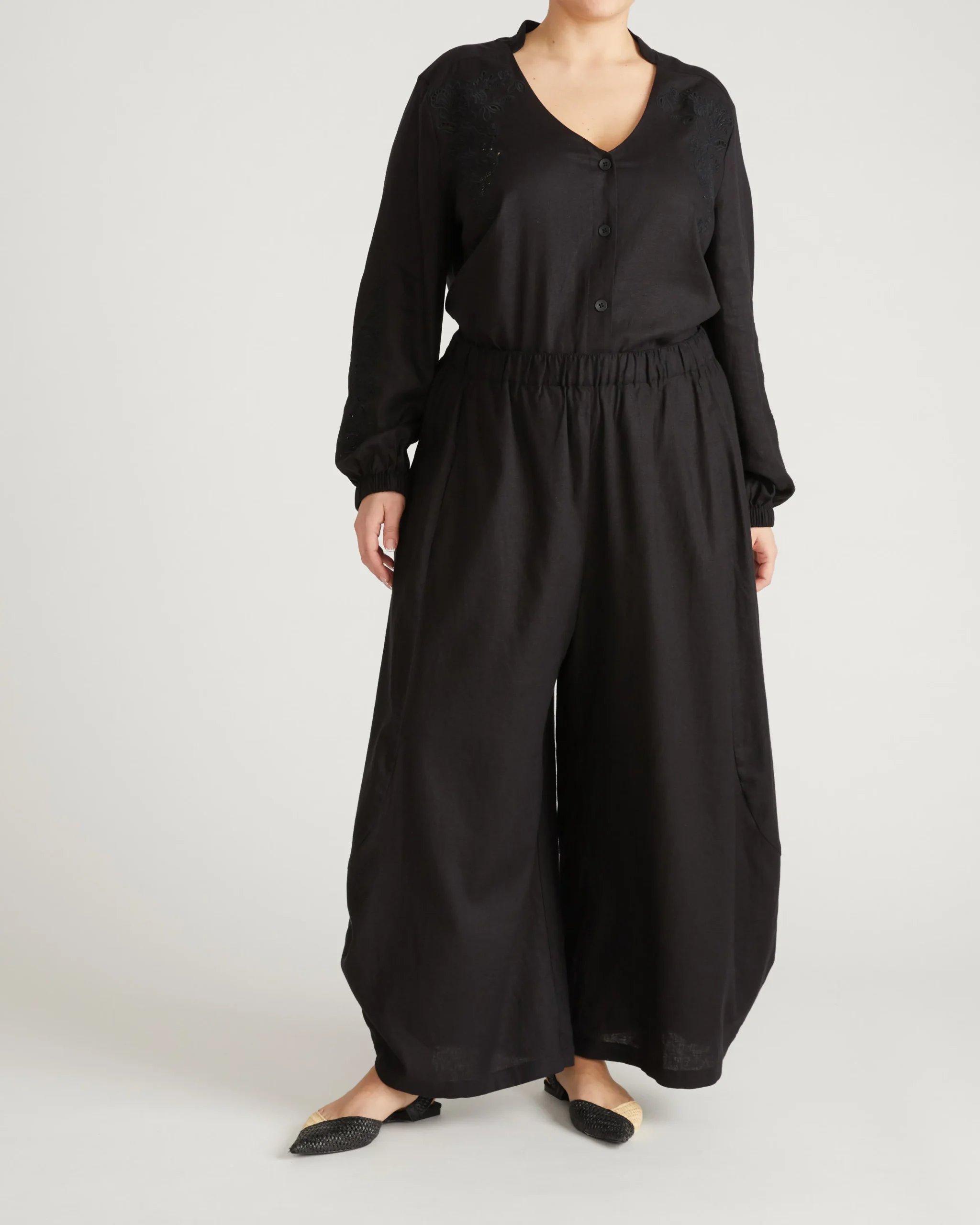 Frances Embroidered Linen Blend Blouse Black