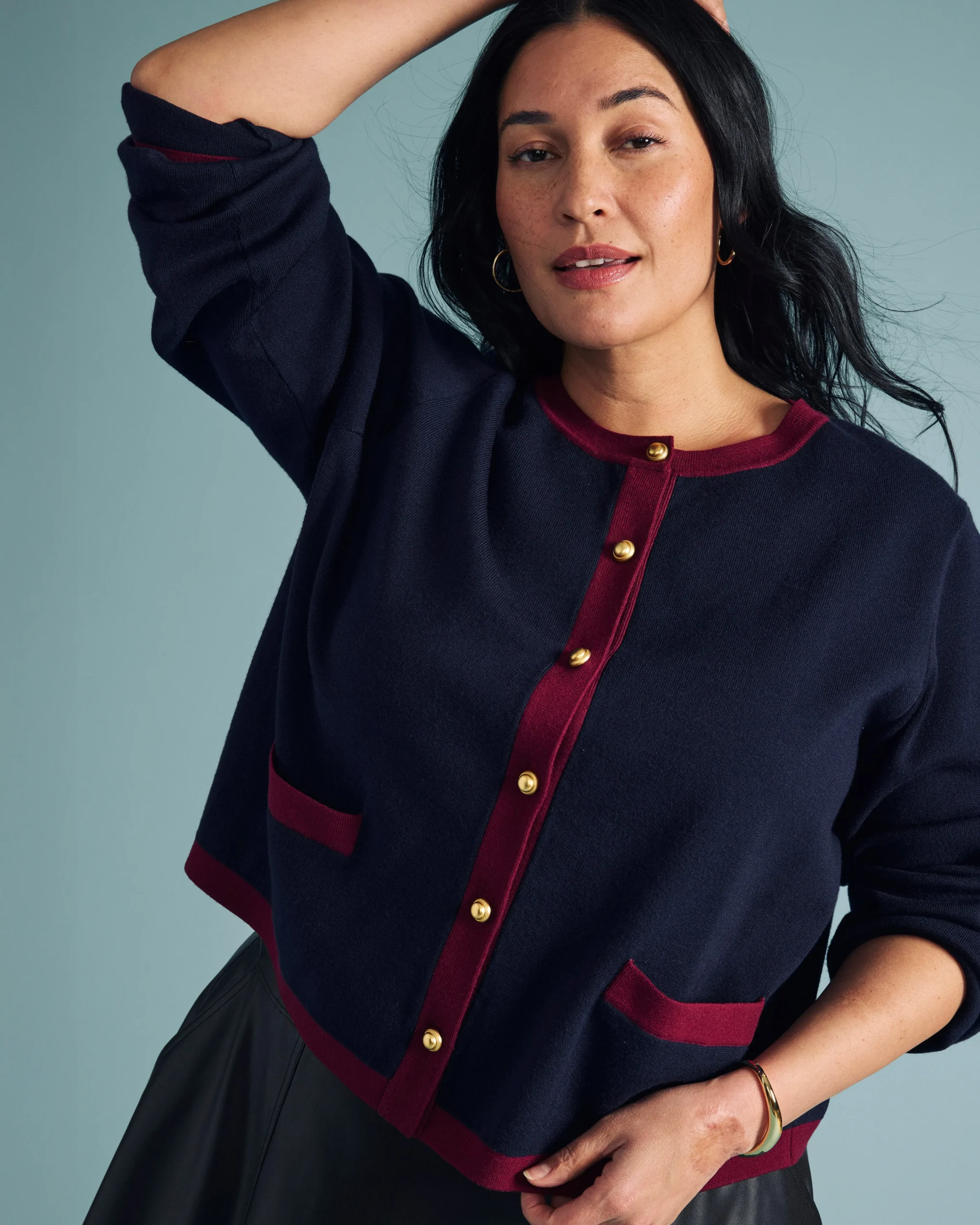 Gabrielle Button-Front Cardigan Midnight with Red Accents