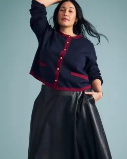 Gabrielle Button-Front Cardigan Midnight with Red Accents