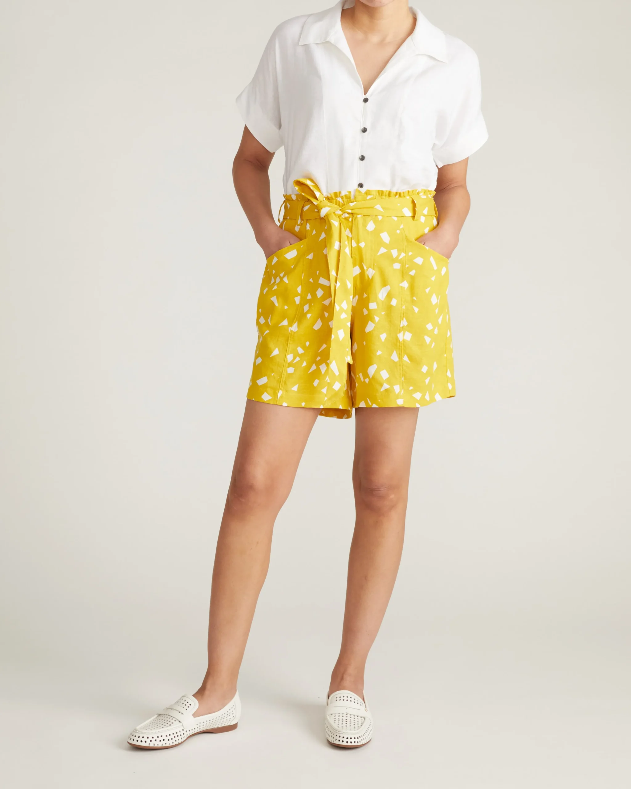 Harbor Stretch Linen Blend Paperbag Shorts Yellow Confetti Print