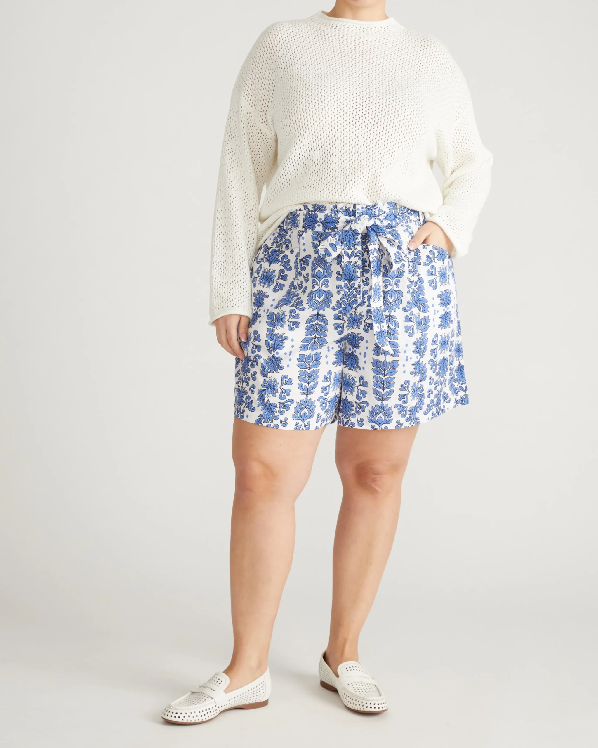 Harbor Stretch Linen Blend Paperbag Shorts Rococo Beach Print