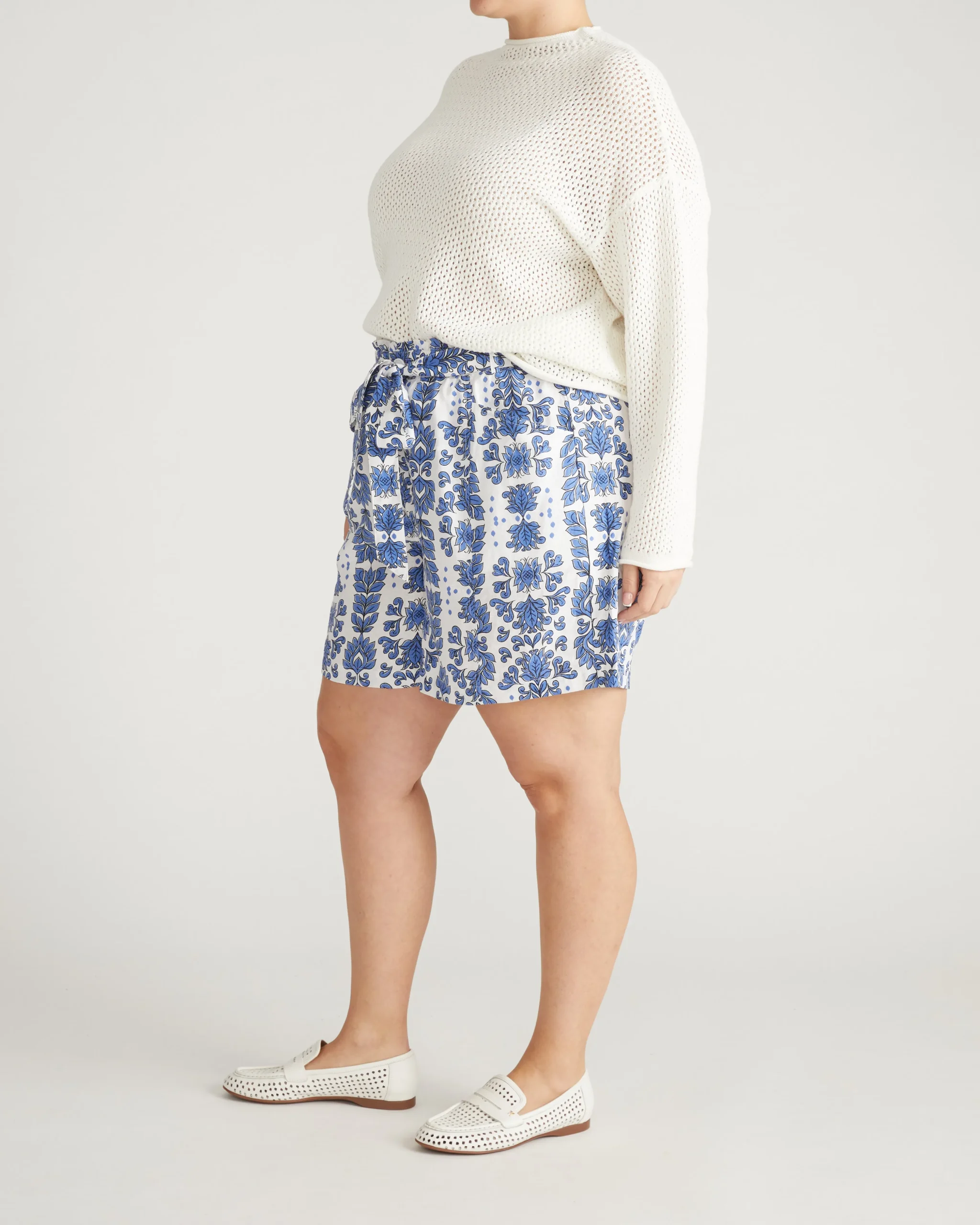 Harbor Stretch Linen Blend Paperbag Shorts Rococo Beach Print