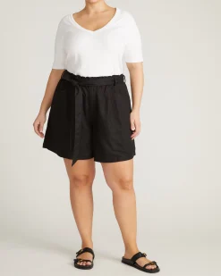 Harbor Stretch Linen Blend Paperbag Shorts Black