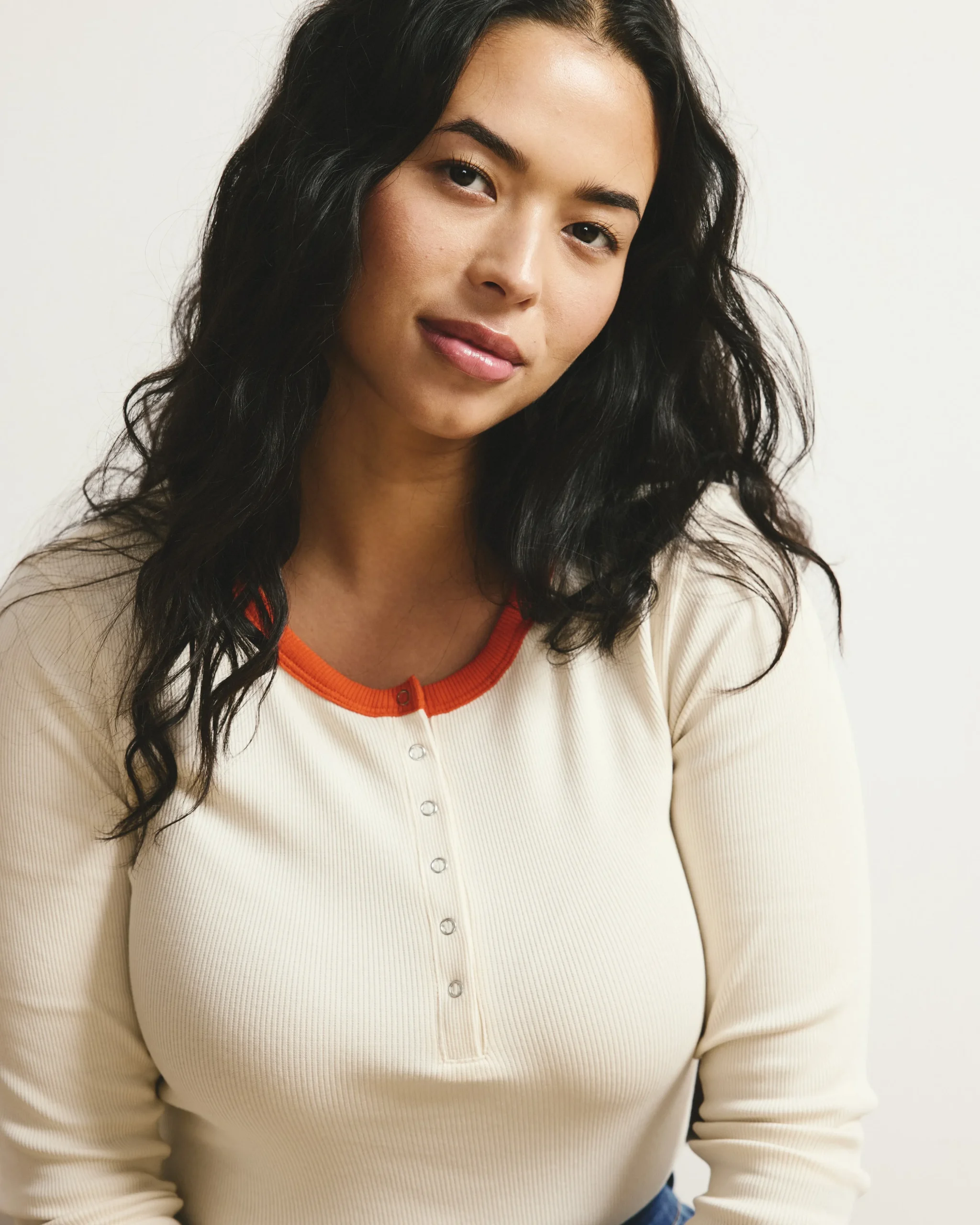 Henley Long Sleeve Ribbed Tee Chamomile/Poppy Trim
