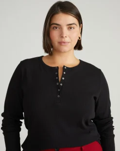 Henley Long Sleeve Ribbed Tee Black