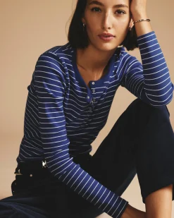 Henley Long Sleeve Ribbed Tee Bright Blue/White Microstripe