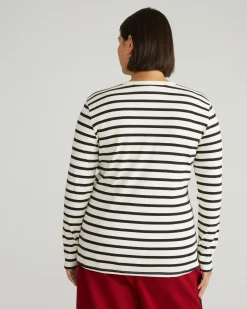 Henley Long Sleeve Ribbed Tee Ecru/Black Stripe