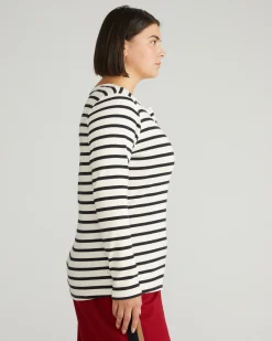 Henley Long Sleeve Ribbed Tee Ecru/Black Stripe