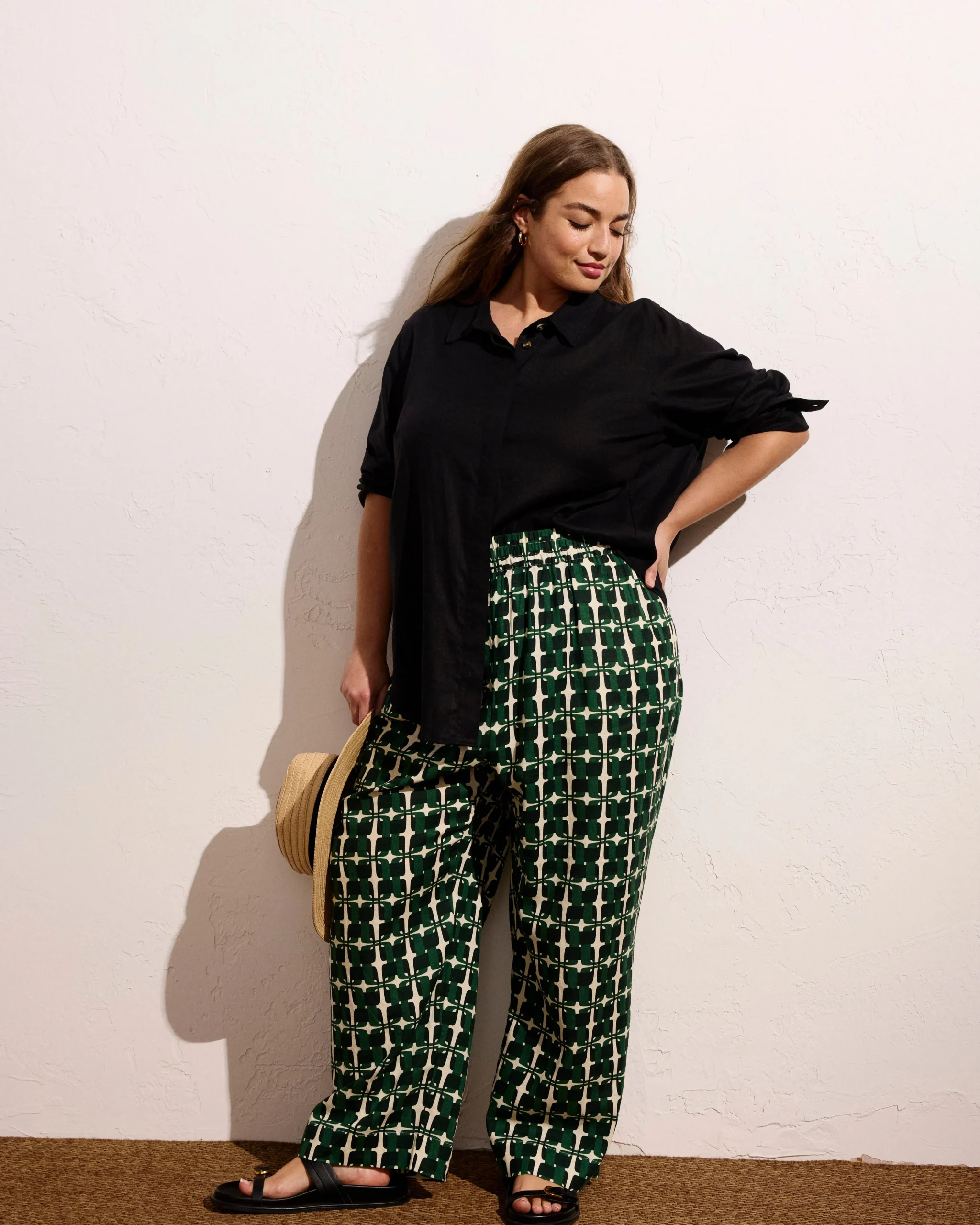 Iris Linen Blend Easy Pull-On Pants Green Trellis Print