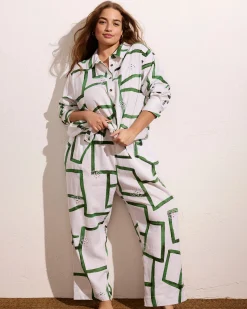 Iris Linen Blend Easy Pull-On Pants Green Paint Print