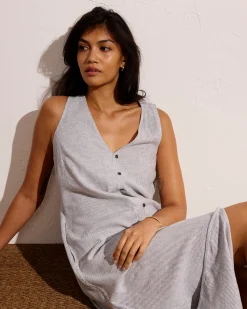 Islet Button-Down Linen Blend Maxi Dress Beach Stripe